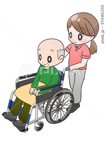 おじいさんを乗せた車椅子を介護士もしくは看護師の押す女性 95086200
