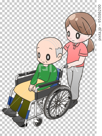 おじいさんを乗せた車椅子を介護士もしくは看護師の押す女性 95086200