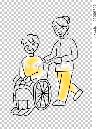 一位坐在輪椅上的高級婦女和一名護理人員的簡單插圖 一位坐在輪椅上的高級婦女和一名護理人員的簡單插圖 95086706