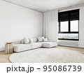 White contemporary minimalist interior with sofa, round carpet and decor. 3d render illustration mockup. 95086739
