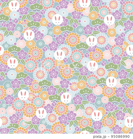 和柄-菊と松竹梅とうさぎのシームレスなパターン。テキスタイル、壁紙、包装紙のデザイン。 95086990