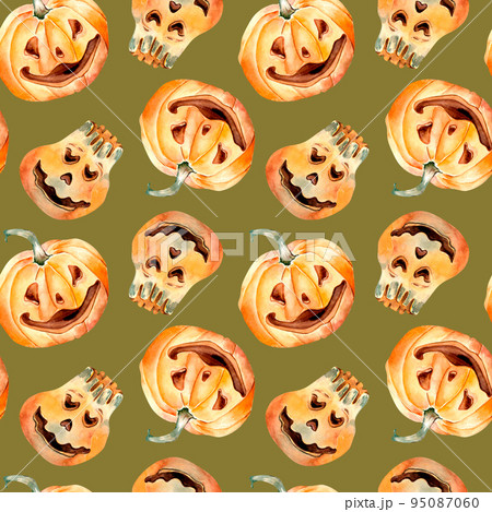 Smiling halloween pumpkins watercolor seamless pattern isolated on green. Smiling halloween pumpkins watercolor seamless pattern isolated on green. 95087060