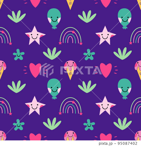 Seamless psychedelic background. Vaporwave 2000 Flower pattern. Wallpaper in style 90s. Printing on fabric and wrapping paper. 95087402