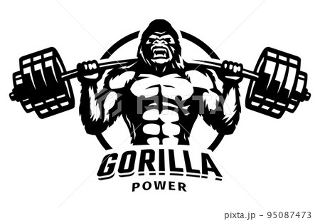 Gorilla with a barbell . Bodybuilding and fitness logo. Vector illustration. 95087473