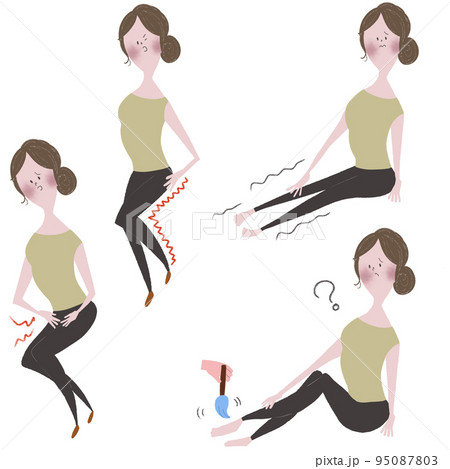 腰椎疾患による、疼痛やしびれ、馬尾障害などの症状を表したイラストセット 95087803