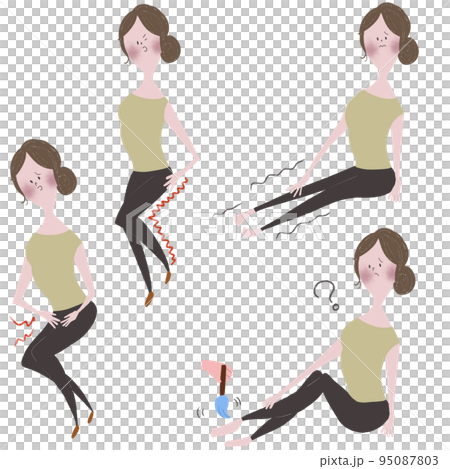 腰椎疾患による、疼痛やしびれ、馬尾障害などの症状を表したイラストセット 95087803