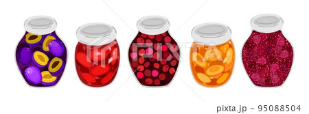 Vector collection of various jams, plum, strawberry, cherry, apricot and raspberry, in glass jars. 95088504
