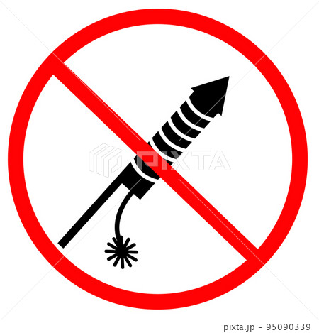 No Fireworks Forbidden sign on white background. No Fireworks Allowed symbol. Forbidden sign with firework rocket glyph. flat style. No Fireworks Forbidden sign on white background. No Fireworks Allowed symbol. Forbidden sign with firework rocket glyph. flat style. 95090339