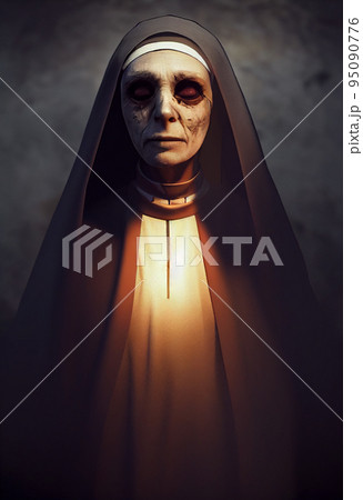Concept art illustration of horror nun possessed by demon Concept art illustration of horror nun possessed by demon 95090776