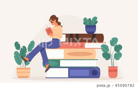 Reading book concept. Library books pile and teen girl read. Educational literature, student lifestyle and learning. Bookstore, snugly vector hobby scene Reading book concept. Library books pile and teen girl read. Educational literature, student lifestyle and learning. Bookstore, snugly vector hobby scene 95090782