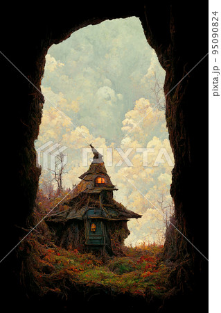 Concept art illustration of spooky witch hut 95090824
