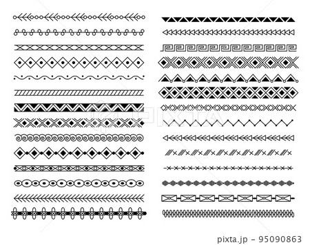 Single geometric line borders. Tribal border and divider, handmade frame decorations. Decorative squiggle pattern, horizontal ethnic decent vector elements Single geometric line borders. Tribal border and divider, handmade frame decorations. Decorative squiggle pattern, horizontal ethnic decent vector elements 95090863