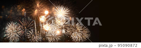 Banner Golden Firework celebrate anniversary happy new year 2023, 4th of july holiday festival. colorful gold firework celebrate national holiday. Banner new year 2023 party time with copy space Banner Golden Firework celebrate anniversary happy new year 2023, 4th of july holiday festival. colorful gold firework celebrate national holiday. Banner new year 2023 party time with copy space 95090872