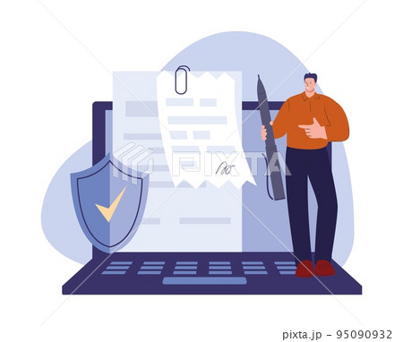 Digital document, contract or bill man signing. Legal online signature, safety self data. Business agreement in internet, vector new technologies concept Digital document, contract or bill man signing. Legal online signature, safety self data. Business agreement in internet, vector new technologies concept 95090932