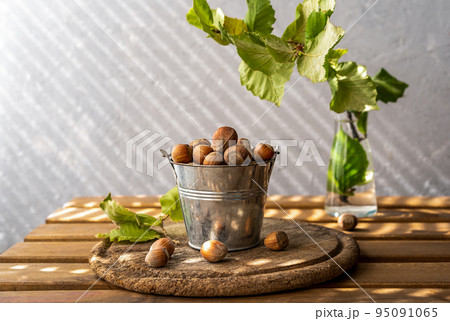 Hazelnuts in small bucket on wooden rustic cutting board, wooden table, hazelnut tree branch Hazelnuts in small bucket on wooden rustic cutting board, wooden table, hazelnut tree branch 95091065