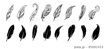 Ethnic and black feathers. Simple indian tribal feather graphic soft symbols, feathered sketch drawns 95091453