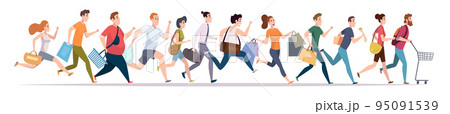 Running buyers. Casual clothes persons male and female running with shopping carts and packages products for fast purchase exact vector concept of sales and market 95091539
