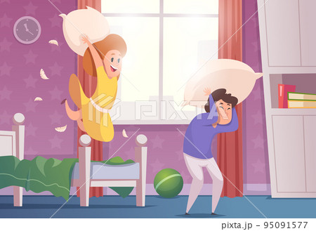 Pajama party. Kids jumping and playing with pillows exact vector cartoon activity cartoon background Pajama party. Kids jumping and playing with pillows exact vector cartoon activity cartoon background 95091577