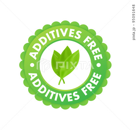 Green additives free label on white background. Natural organic nutrition. Sign forbidden 95091648