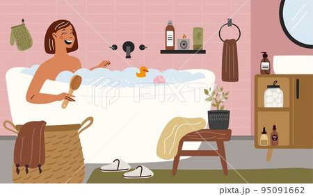 Woman taking bath. Happy relaxed girl. Bathtub with water and soap foam. Personal hygiene. Body wash and care. Bathroom interior. Home spa. Beauty routine procedure. Garish vector concept 95091662