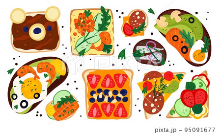 Fresh sandwiches. Different toasts with tasty products. Various ingredients. Sweet or salty bruschetta. Vegetables on bread. Meat or fish slices. Brunch appetizers. Garish vector set Fresh sandwiches. Different toasts with tasty products. Various ingredients. Sweet or salty bruschetta. Vegetables on bread. Meat or fish slices. Brunch appetizers. Garish vector set 95091677