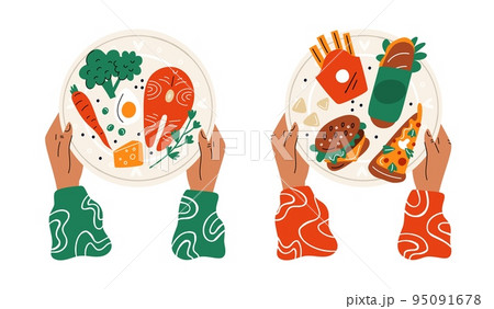 Food choice. Cartoon hands hold plates with healthy and junk meal. Organic products vs burgers and pizza. French fries. Fish and vegetables. Nutrition decision. Garish vector concept Food choice. Cartoon hands hold plates with healthy and junk meal. Organic products vs burgers and pizza. French fries. Fish and vegetables. Nutrition decision. Garish vector concept 95091678
