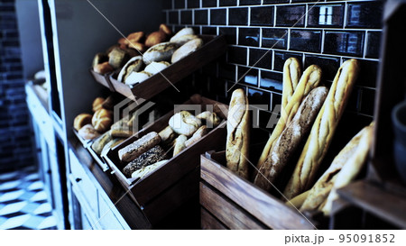 Fresh bread on shelves in bakery 95091852