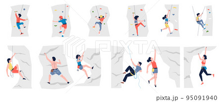 Adult and children sport climbing on rock. High aim, young female extreme travel. Woman man climbers, mountain adventures recent vector characters 95091940