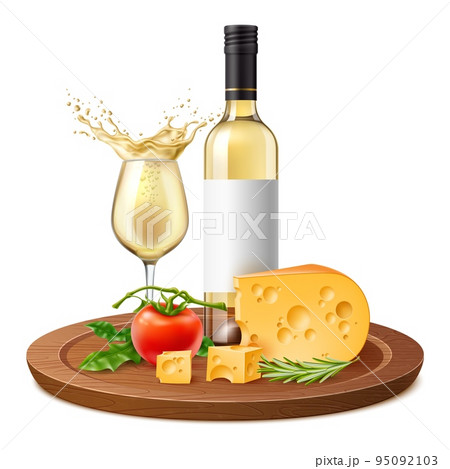 Realistic white wine and cheese. Products composition, alcohol beverage bottle on wooden cutting board, vegetables and greens, food and drink, 3d isolated elements, utter vector concept Realistic white wine and cheese. Products composition, alcohol beverage bottle on wooden cutting board, vegetables and greens, food and drink, 3d isolated elements, utter vector concept 95092103