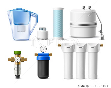 Realistic water filter. Drink cleaners, home water purification systems, spare cartridges, jug, flow and reverse osmosis, natural fresh pure aqua, 3d isolated elements, utter vector set 95092104