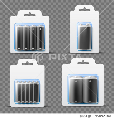 Realistic battery packages. Different sizes and types mockup, electrical li ion alkaline components in transparent blisters, blank labels, electric 3d isolated objects utter vector set 95092108