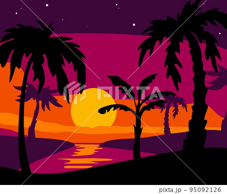 Palm silhouettes background. Beach tropical trees, sea evening, black plants, summer sunset, different leaves shapes, vacation on exotic island, summertime landscape, swanky vector concept Palm silhouettes background. Beach tropical trees, sea evening, black plants, summer sunset, different leaves shapes, vacation on exotic island, summertime landscape, swanky vector concept 95092126