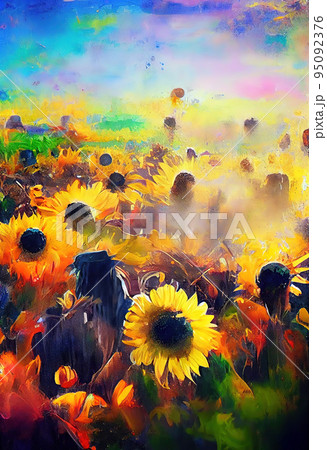 Field of sunflowers impressionism painting....のイラスト素材