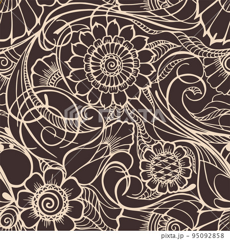 purple graphic pattern of large beige flowers on a brown background, seamless pattern, texture, design purple graphic pattern of large beige flowers on a brown background, seamless pattern, texture, design 95092858
