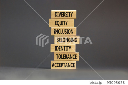 Diversity, inclusion symbol. Diversity belonging inclusion equity identity tolerance acceptance words on blocks. Beautiful grey table grey background. Diversity inclusion belonging concept. Diversity, inclusion symbol. Diversity belonging inclusion equity identity tolerance acceptance words on blocks. Beautiful grey table grey background. Diversity inclusion belonging concept. 95093028