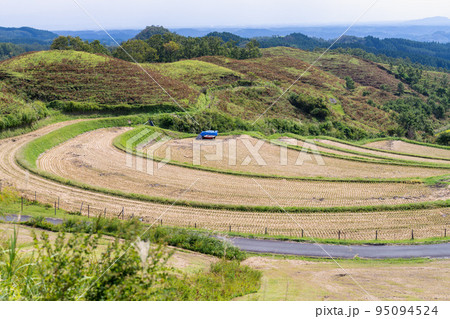 《熊本県》稲刈り後の扇棚田　産山村 95094524