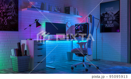 Working desktop surrounded by colored led lights.  95095913