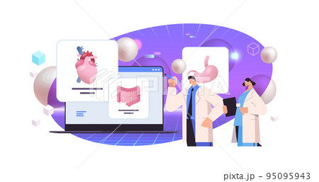 scientists examining anatomical human body internal organs on laptop screen anatomy medicine science scientists examining anatomical human body internal organs on laptop screen anatomy medicine science 95095943