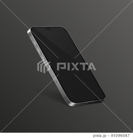 Vector 3d Realistic gray Silver Chrome Modern Smartphone Design Template with Black Screen. Mobile Phone Isolated. Telephone Device UI UX, Phone in Half Turn View 95096087