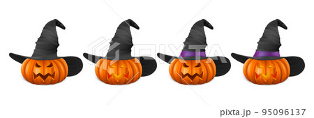 Vector Halloween Pumpkin with Witch Hat Set. Cute Jack-o-lanterns, Carved Pumpkin Face for Invitations, Cards, Packaging, Wrapping, Banners Design. 3d Realistic Pumpkins Vector Halloween Pumpkin with Witch Hat Set. Cute Jack-o-lanterns, Carved Pumpkin Face for Invitations, Cards, Packaging, Wrapping, Banners Design. 3d Realistic Pumpkins 95096137