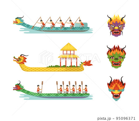 Dragon Boat Festival with Participants Taking Part in Racing Using Paddle and Mask Vector Set 95096371