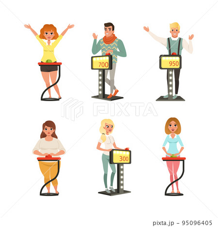 People Characters Participating in Panel Game on Television Standing In Front of Button Stand Answering Questions Vector Illustration Set People Characters Participating in Panel Game on Television Standing In Front of Button Stand Answering Questions Vector Illustration Set 95096405