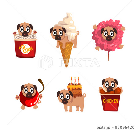 Cute Funny Pug Dog Character in Fast Food Ingredient Costume Vector Set Cute Funny Pug Dog Character in Fast Food Ingredient Costume Vector Set 95096420