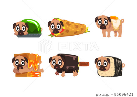 Cute Funny Pug Dog Character in Fast Food Ingredient Costume Vector Set 95096421