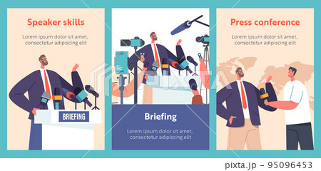 Press Conference, Briefing Cartoon Banners. Man Speak to Audience, Journalists or Press Media Workers with Microphones Press Conference, Briefing Cartoon Banners. Man Speak to Audience, Journalists or Press Media Workers with Microphones 95096453