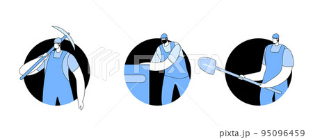 Miners at Work, Male Workers Characters Wear Uniform and Helmet Working in Coal Mine Quarry with Shovels and Pickaxes 95096459