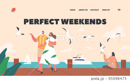 Perfect Weekend Landing Page Template. Happy Couple Characters Walking along Embankment with Seaview 95096475