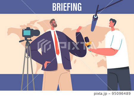 Journalist Interviewing Politician during Briefing or Press Conference. Man in Suit Speak with Reporter Hold Microphone Journalist Interviewing Politician during Briefing or Press Conference. Man in Suit Speak with Reporter Hold Microphone 95096489