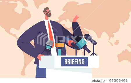 Press Conference, Briefing Concept with Politician Man Speak to Audience on Tribune with Microphones, Speaker Character 95096491