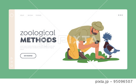 Zoological Methods Landing Page Template. Birdwatcher Male Character Watching, Learning and Photographing Birds Zoological Methods Landing Page Template. Birdwatcher Male Character Watching, Learning and Photographing Birds 95096507